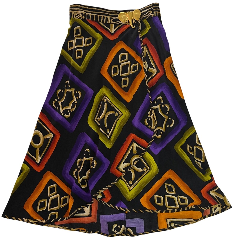 Vintage 90s Midi Skirt 10 Asymmetric Geometric Boho Brass Elephant Rayon USA